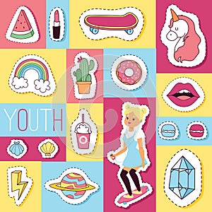 Cartoon vector seamless pattern girlish accessories lipstick icecream kids unicorn rainbow and doghnut sticker backdrop photo