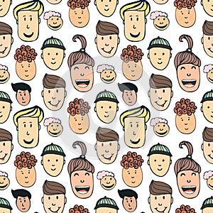 Cartoon vector seamless pattern with illustration of peoples faces. Joyful kids hand drawn background