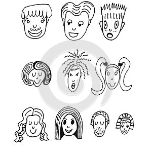 Cartoon vector set. 10 different funny faces