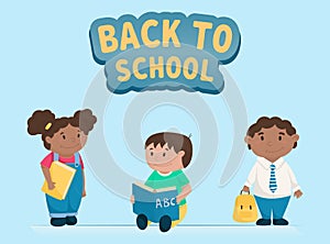 Cartoon vector set of children. Pupils with books and backpacks smiling. Back to school banner.