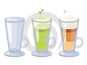 Cartoon vector set of glass cappuccino cups. Empty cup, matcha latte and classic cappuccino