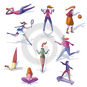 Cartoon vector set of trendy women involved in various sports. Active and healthy lifestyle. Physical activity