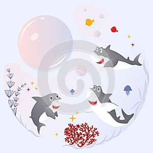 Cartoon vector sharks set. Cute shark characters with colorful seaweed and fishes. Vector illustration