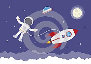 Cartoon Vector Spaceman attached to a Rocket