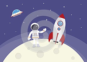 Cartoon Vector Spaceman and Rocket on Moon