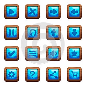 Blue square buttons in wooden frame cartoon vector set