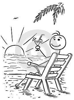 Cartoon Vector Stick Man Relaxing Sitting on the Beach Chair Watching Sunset with Drink