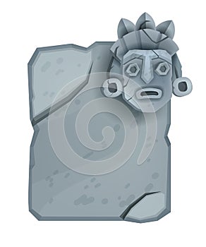 Cartoon vector stone sign board, game rock UI design element, granite cracked boulder, totem face.