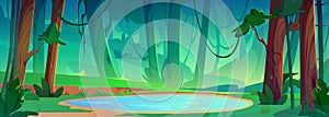 Cartoon vector summer forest landscape with lake.