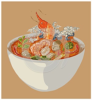 Vector of Tom yum kung soup illustration.Asian food.Hand drawn asian food on white isolated background.