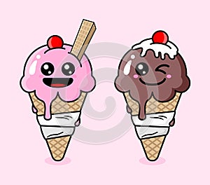 Cartoon vector two cute ice cream cones