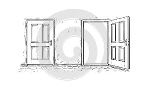 Cartoon Vector of Two Open and Close Wooden Decision Door