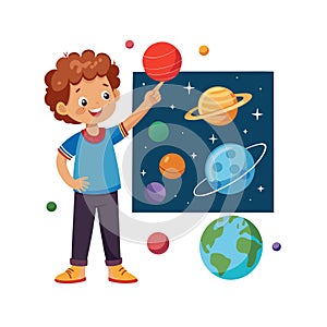 Boy Learning About Planets - Astronomy Education Vector Illustration Design