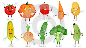 Cartoon vegetable character. Healthy veggies food mascot, baby carrot and funny cucumber. Vegetables isolated vector