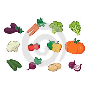 Cartoon vegetable characters collection. Cute cabbage, cucumber, carrot, broccoli, tomato, pepper for kids Vector food