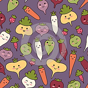Cartoon vegetable food. Veggies seamless pattern. Cute characters ripe root vegetables