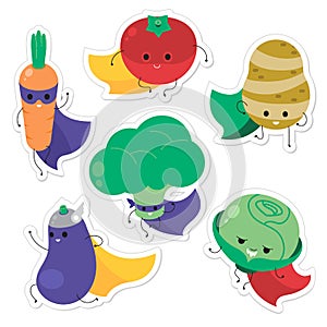 Cartoon vegetable superheroes. Funny vegetable face icon collect