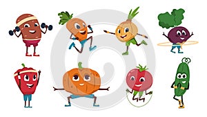 Cartoon vegetables exercises. Healthy food characters doing fitness activities and sport workout. Vector cute and funny