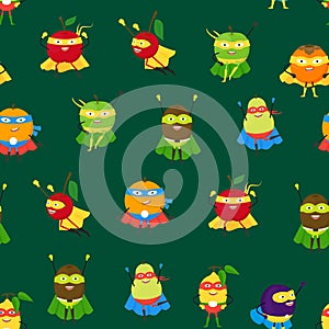 Cartoon Vegetables and Fruit Superhero Characters Seamless Pattern Background. Vector