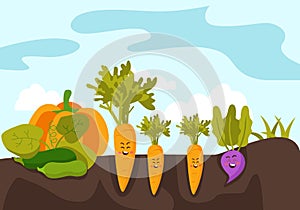 Cartoon Vegetables In Garden Bed