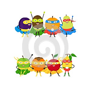 Cartoon Vegetables Superhero Characters Row Icon Set. Vector