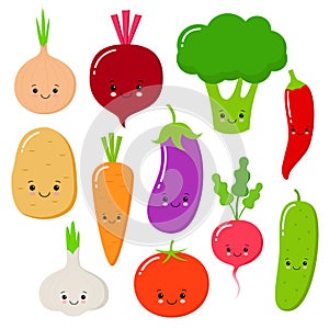 Cartoon vegetables vector set in flat style. Onion, carrot, cucumber, paprika, tomato, pepper, broccoli, garlic, potato