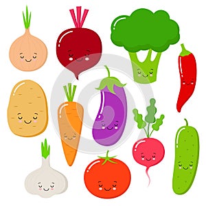 Cartoon vegetables vector set in flat style. Onion, carrot, cucumber, paprika, tomato, pepper, broccoli, garlic, potato