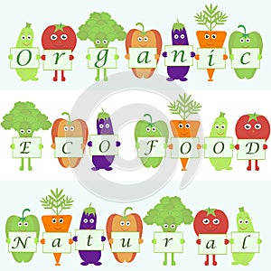 Cartoon vegetables with words organic, natural