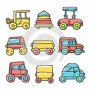 Cartoon vehicles colorful collection isolated white background. Different types cute cars trucks