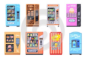Cartoon vending machines. Automatic snacks machine bubblegum candies food bar, convenienc dispenser soda water drinks