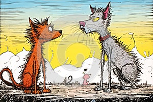 A cartoon version of the cat and dog, emotive body language, spiky mounds, frayed