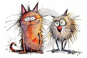 A cartoon version of the cat and dog, emotive body language, spiky mounds, frayed