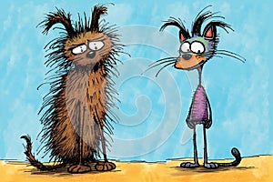 A cartoon version of the cat and dog, emotive body language, spiky mounds, frayed