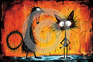 A cartoon version of the cat and dog, emotive body language, spiky mounds, frayed