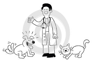 Cartoon the vet is with the cat and dog and they are very happy, vector illustration