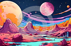 cartoon vibrant surface of a mysterious planet with space background and cosmic nebula. drawn illustration