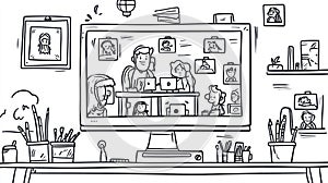 Diverse family video conferencing at home, working and learning online, doodle style.