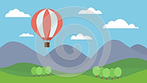 Cartoon view mountain landscape with a red hot air balloon flying in the hills with trees under a blue sky with clouds