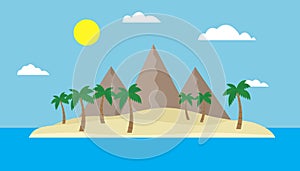 Cartoon view of a tropical island in the middle of an ocean or sea with a sandy beach, palm trees and mountains under a blue sky w