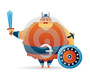 Cartoon viking cute fat norwegian, scandinavian character with sword and shield