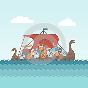 Cartoon Viking ship sailing. Cikings on ship in sea. Male characters sailing the sea in military gear. Flat cartoon hand