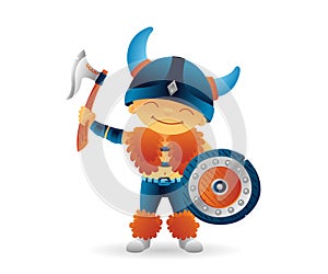 Cartoon viking smiling boy norwegian, scandinavian character with shield and axe