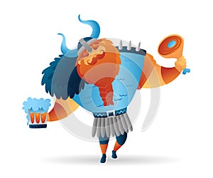 Cartoon viking strong drunk man character with meat and beer