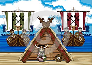 Cartoon Viking Warrior and Warship