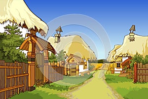 Cartoon village street with houses