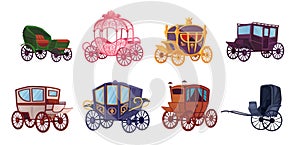 Cartoon vintage carriages. Carriage cargo wagon or royal luxury coaches, ancient cart horse victorian king chariot magic