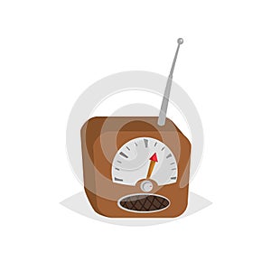 Cartoon vintage radio receiver with speaker and antenna. Retro technology comic design icon. Vector illustration