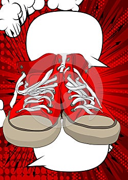 Cartoon vintage Sneakers with blank speech bubble, comic book Trainers Shoe background.