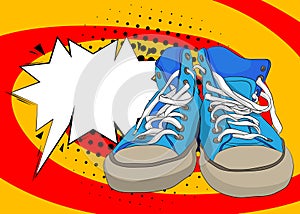 Cartoon vintage Sneakers with blank speech bubble, comic book Trainers Shoe background.