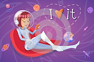Cartoon vintage space girl cosmonaut woman mobile phone space background retro design vector illustration